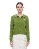Floral Embroidered Collar Knit Cardigan - Avocado Green