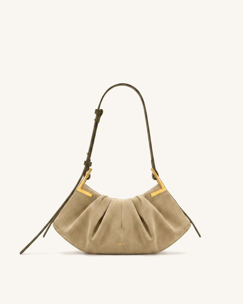 Amelia Faux Suede Pleated Shoulder Bag - Light Brown Green
