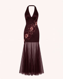 Orchid Embroidered Sheer Hem Halter Maxi Dress - Burgundy