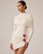 3D Embroidered Tulip Ruched High-Neck Long-Sleeve Mini Dress - White