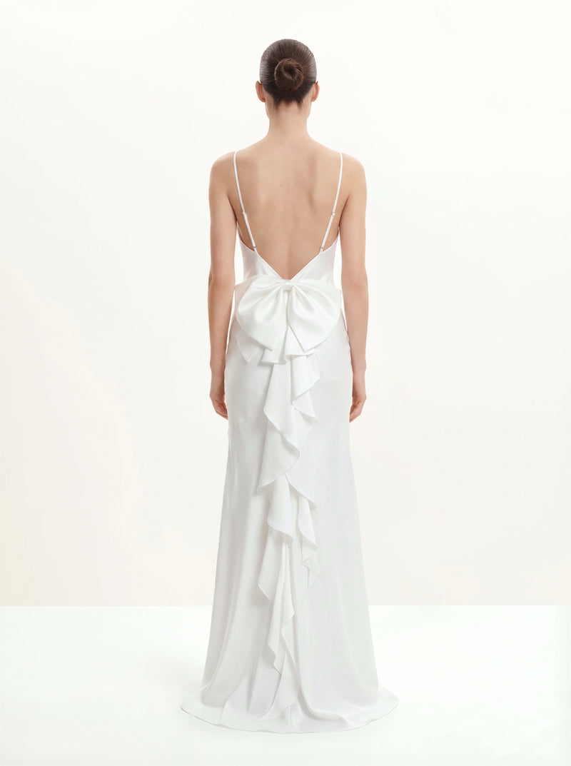 Satin Cowl-Neck Bow-Back Maxi Dress - White