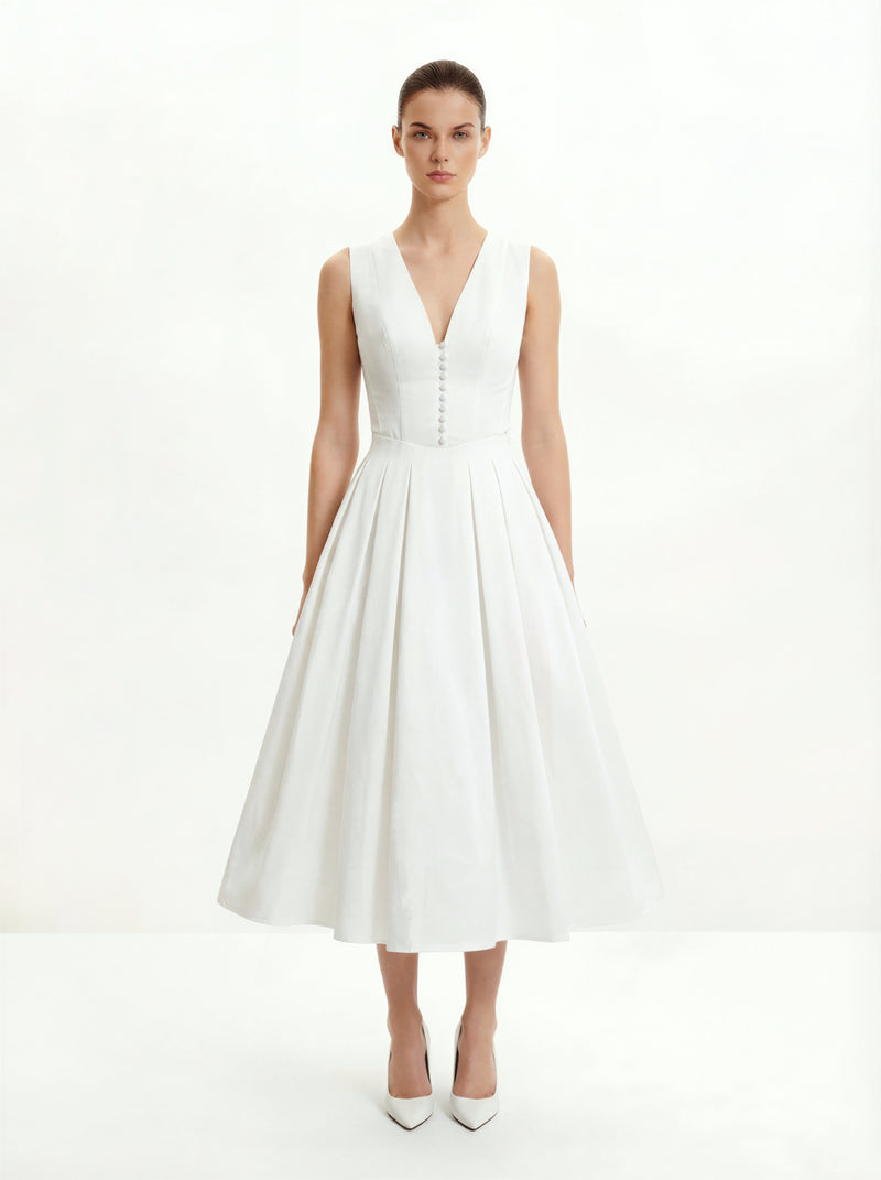 Front V-Neck Pleated Midi Dress - White