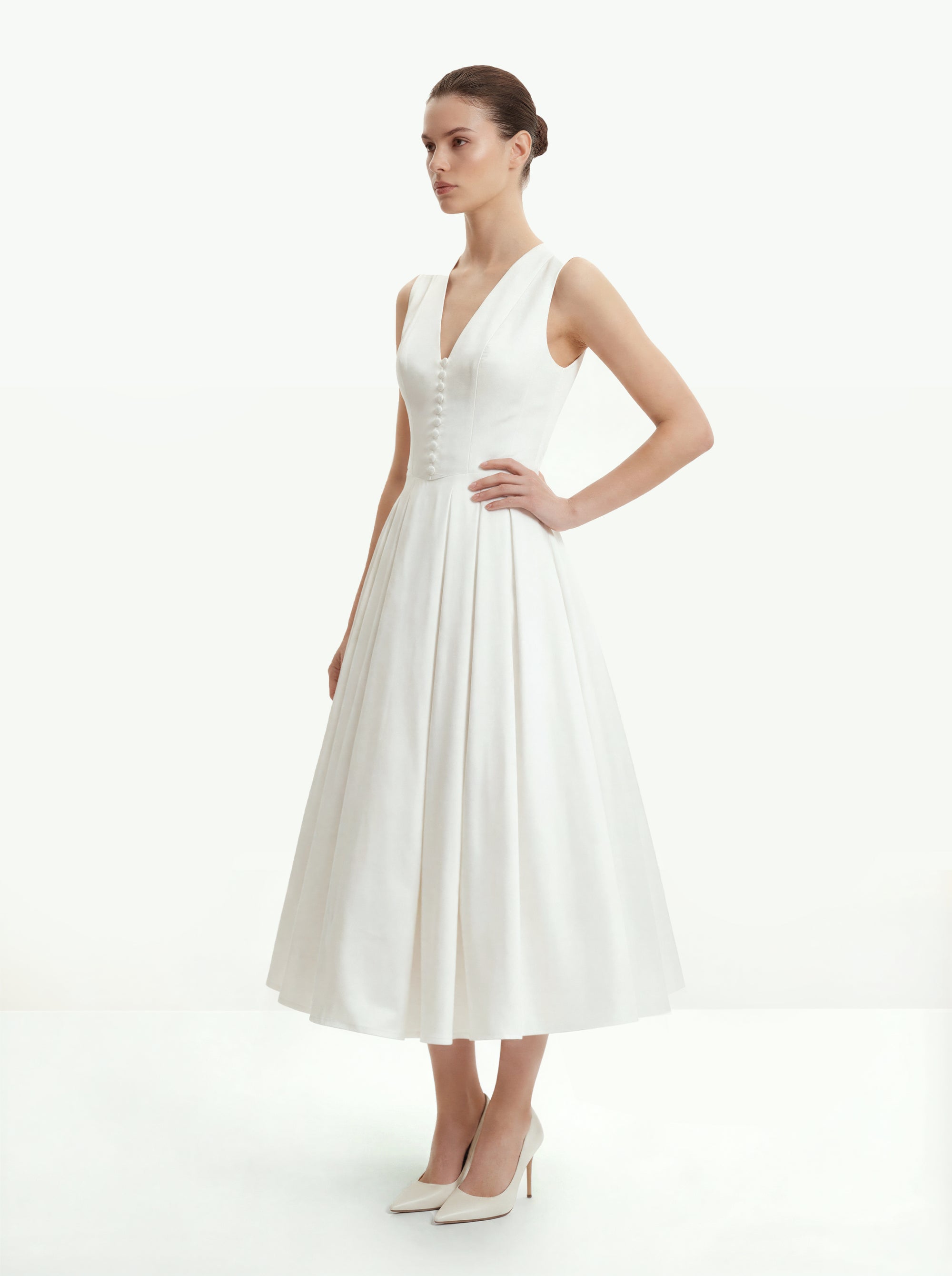 Front V-Neck Pleated Midi Dress - White 6 | US Front V-Neck Pleated Midi Dress - White 6 | US