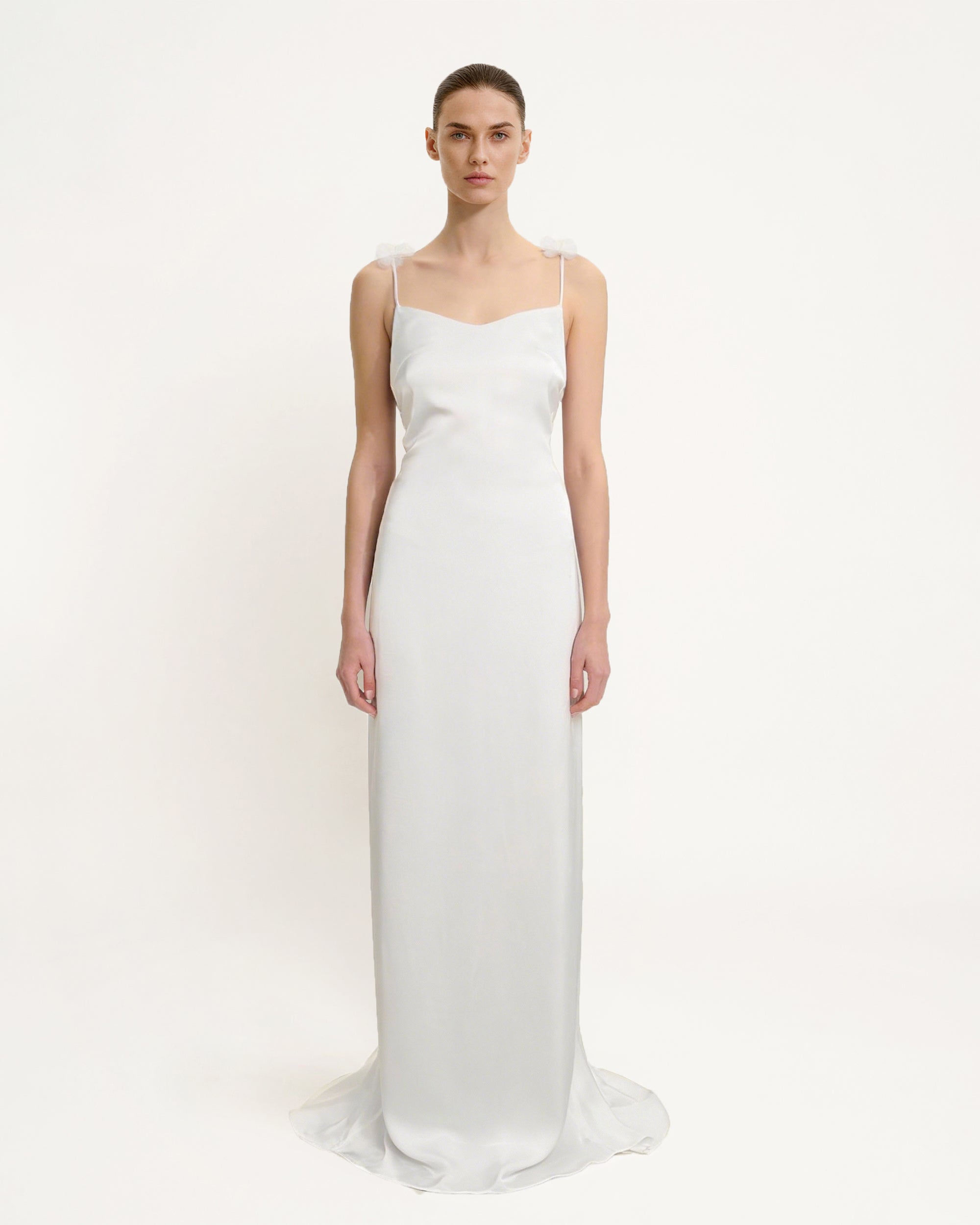 Satin Strappy Maxi Dress with Floral Streamers - White 6 Satin Strappy Maxi Dress with Floral Streamers - White 6