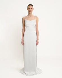 Satin Strappy Maxi Dress with Floral Streamers - White