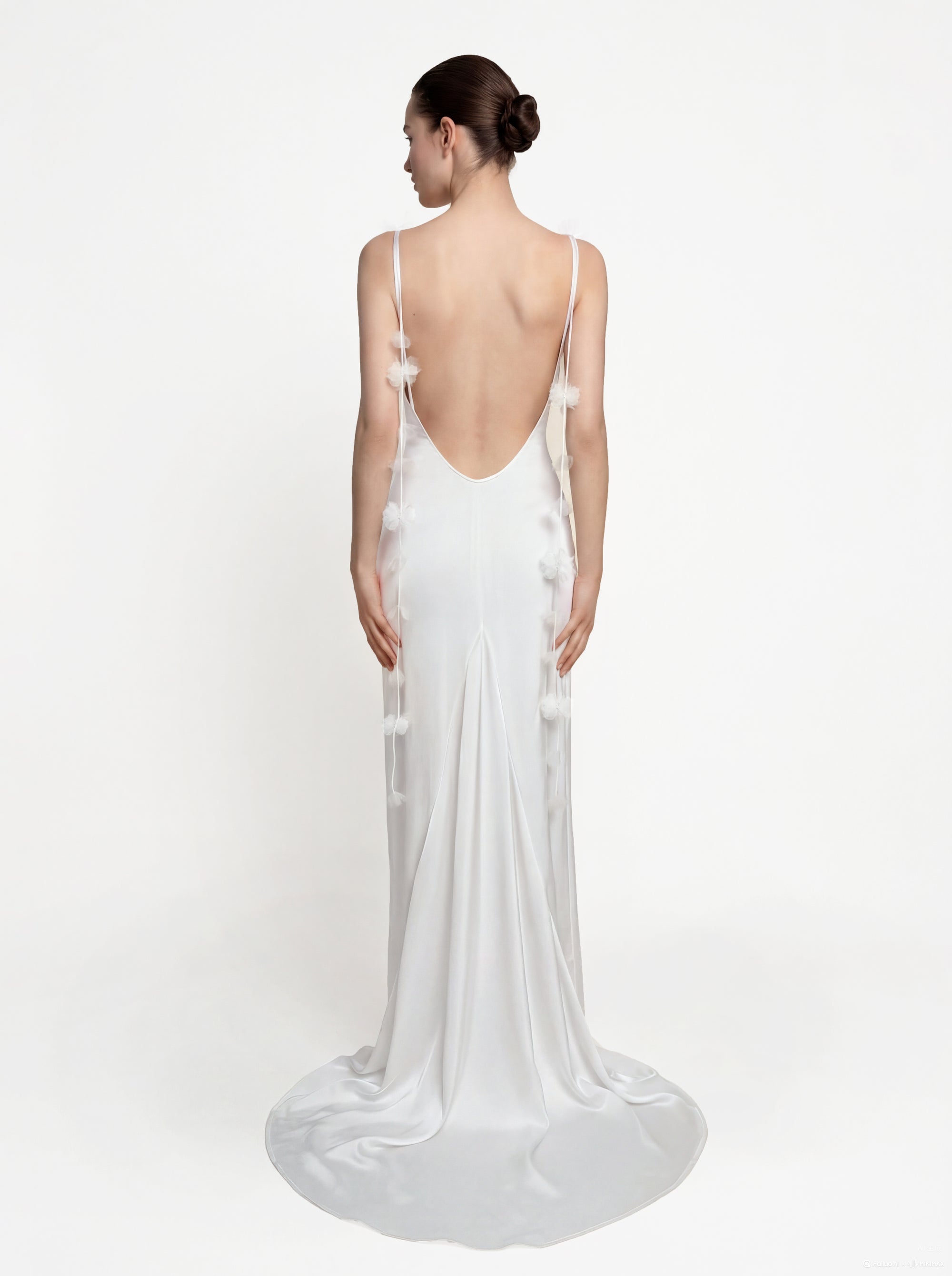 Satin Strappy Maxi Dress with Floral Streamers - White 8 | US Satin Strappy Maxi Dress with Floral Streamers - White 8 | US