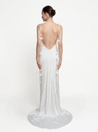 Satin Strappy Maxi Dress with Floral Streamers - White