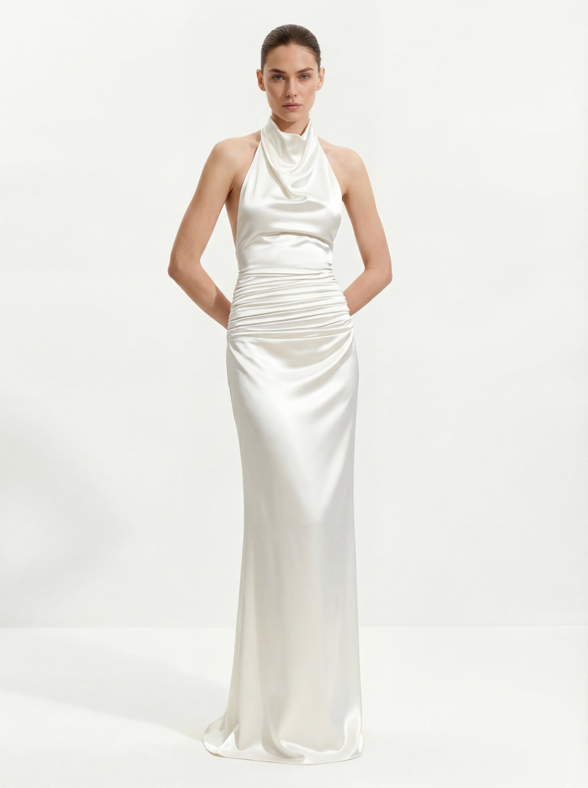 Satin Cowl Neck Ruched Maxi Gown - White 2 | US Satin Cowl Neck Ruched Maxi Gown - White 2 | US