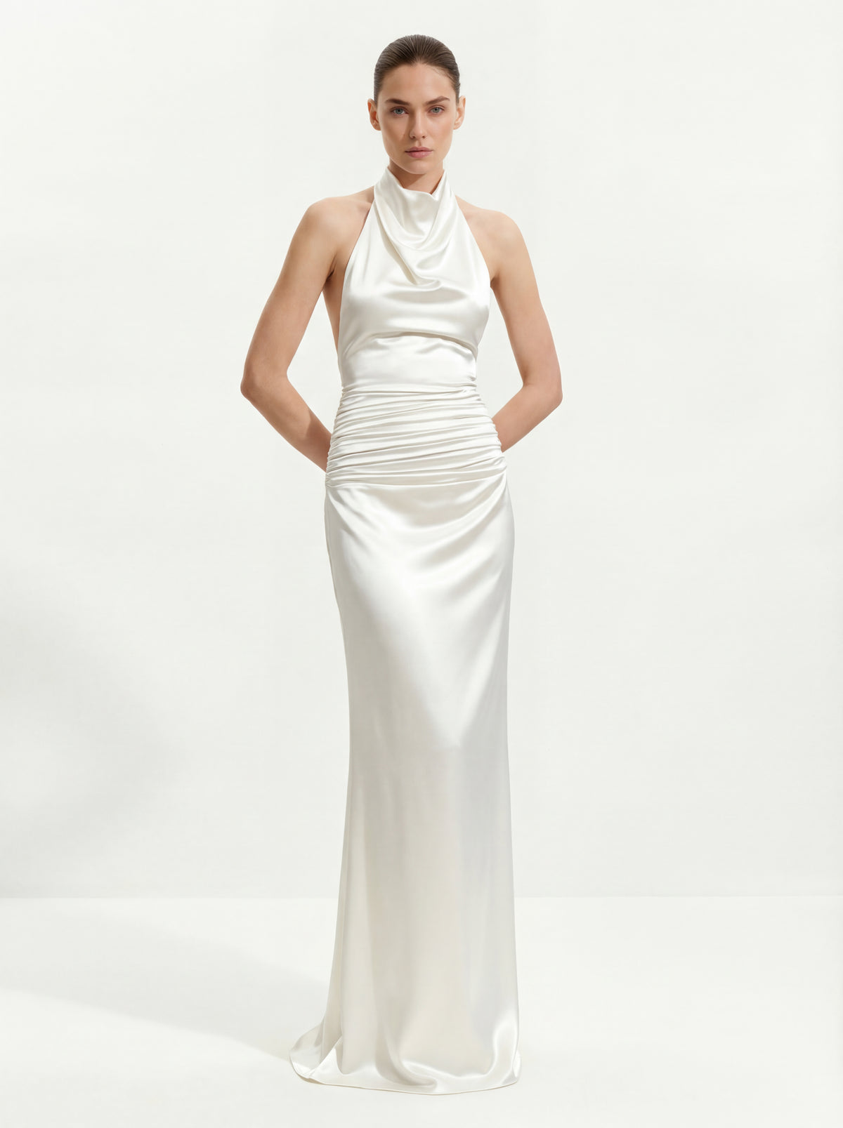 JW PEI: Satin Cowl Neck Ruched Maxi Gown White