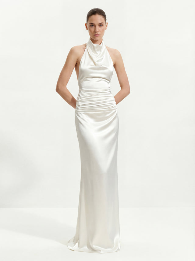JW PEI — Satin Cowl Neck Ruched Maxi Gown White