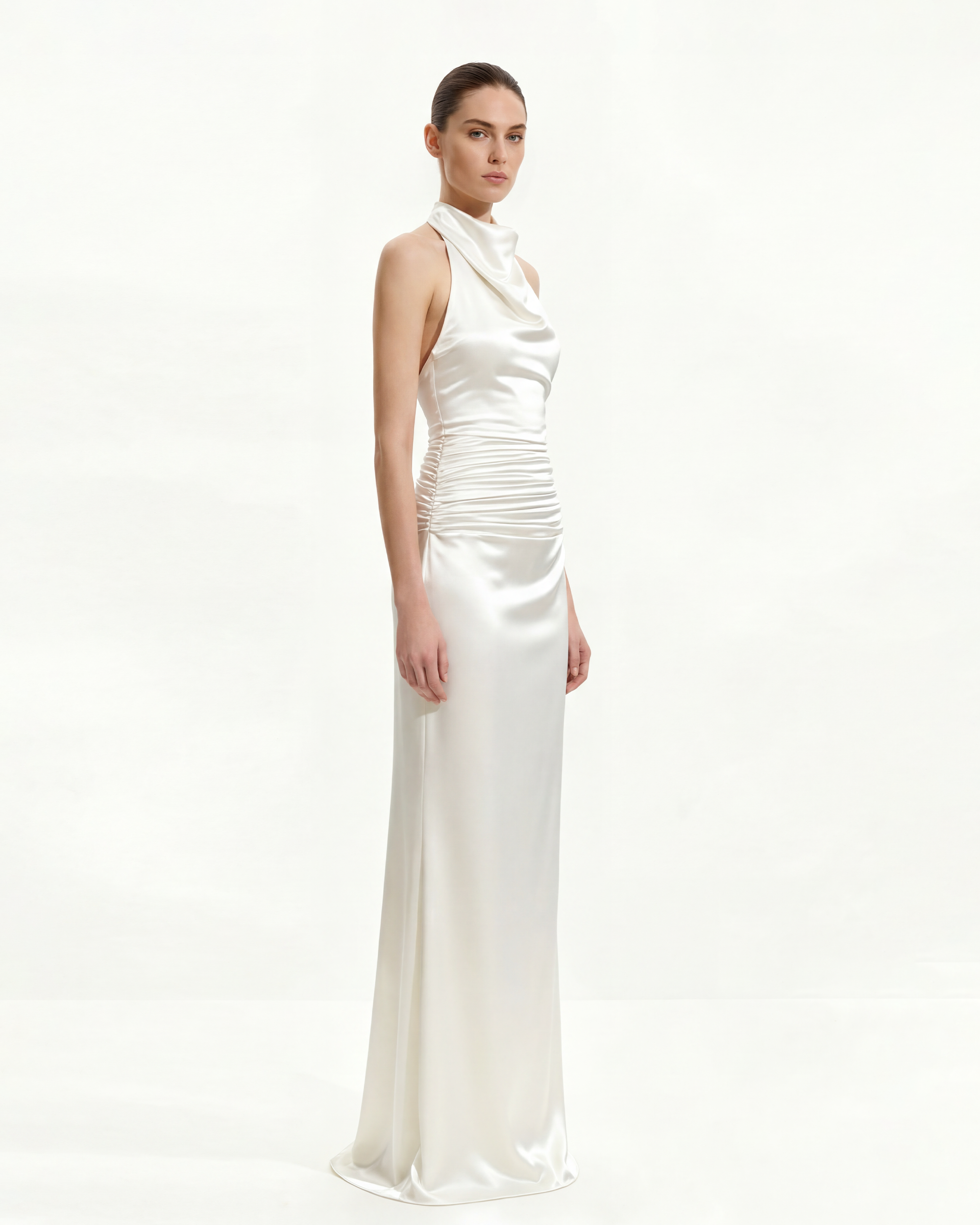 Satin Cowl Neck Ruched Maxi Gown - White 2 | US Satin Cowl Neck Ruched Maxi Gown - White 2 | US
