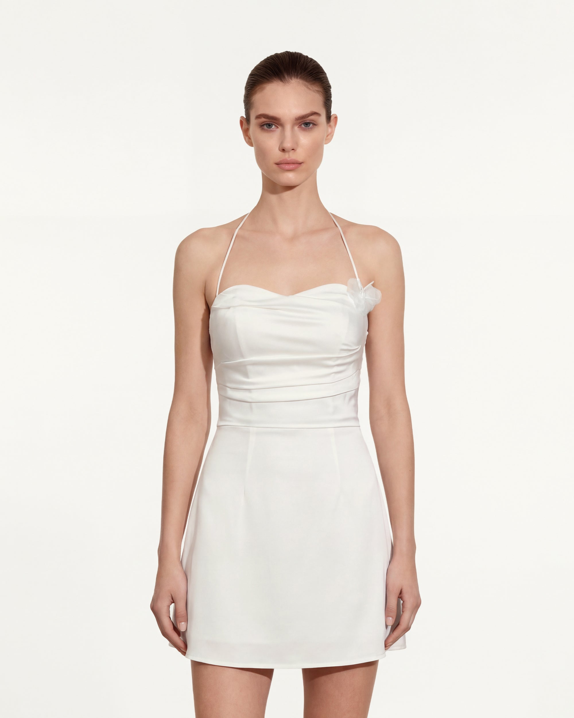 Floral Ruched Halter Mini Dress - White 8 | US Floral Ruched Halter Mini Dress - White 8 | US