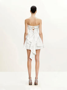 Satin Strapless Bow-Back Mini Dress - White