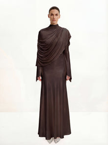 Sheer Shawl Ruched Bodycon Maxi Gown - Brown
