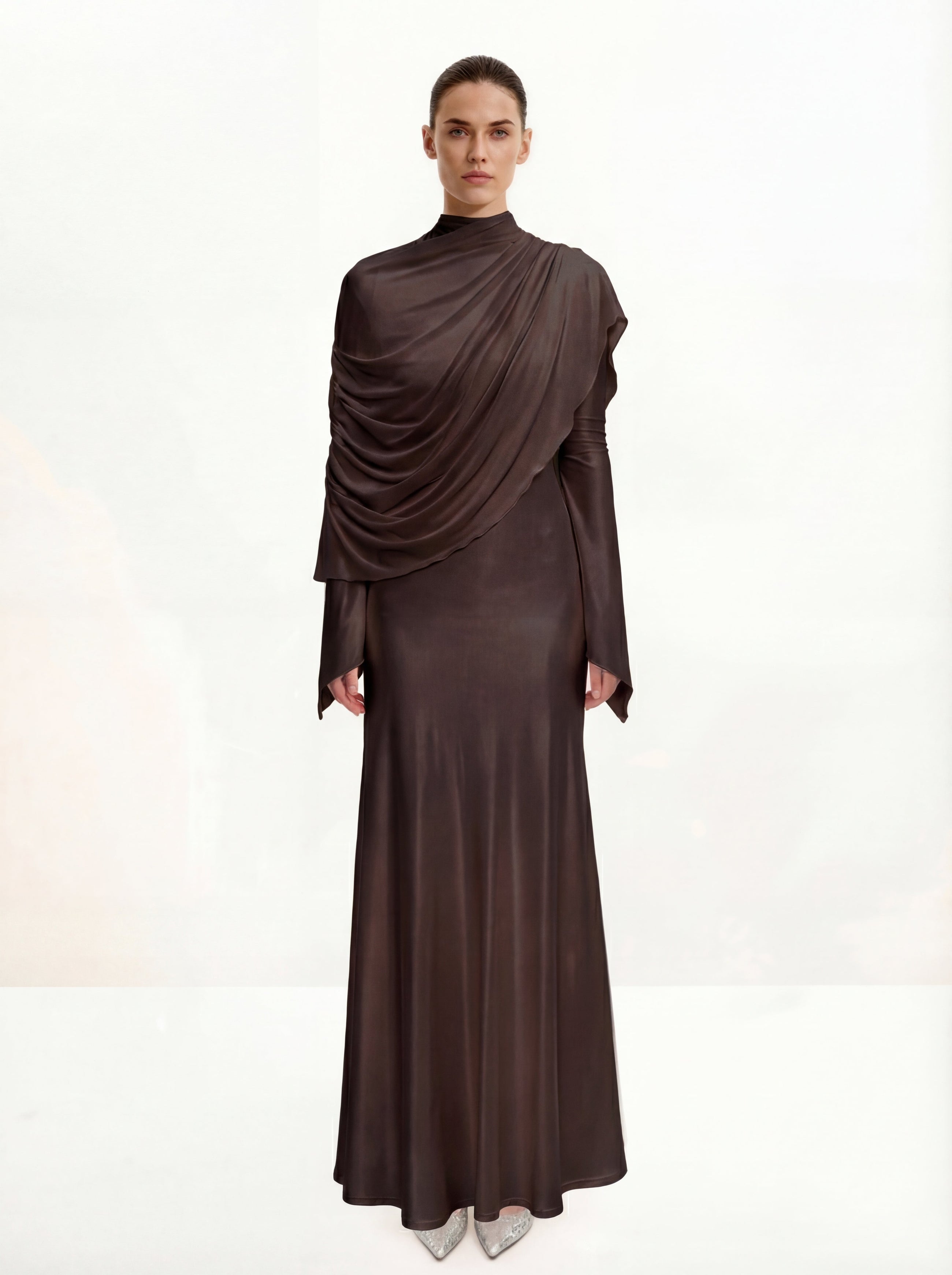 Sheer Shawl Ruched Bodycon Maxi Gown - Brown