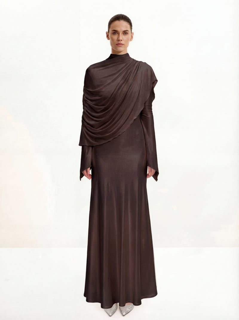 Sheer Shawl Ruched Bodycon Maxi Gown - Brown