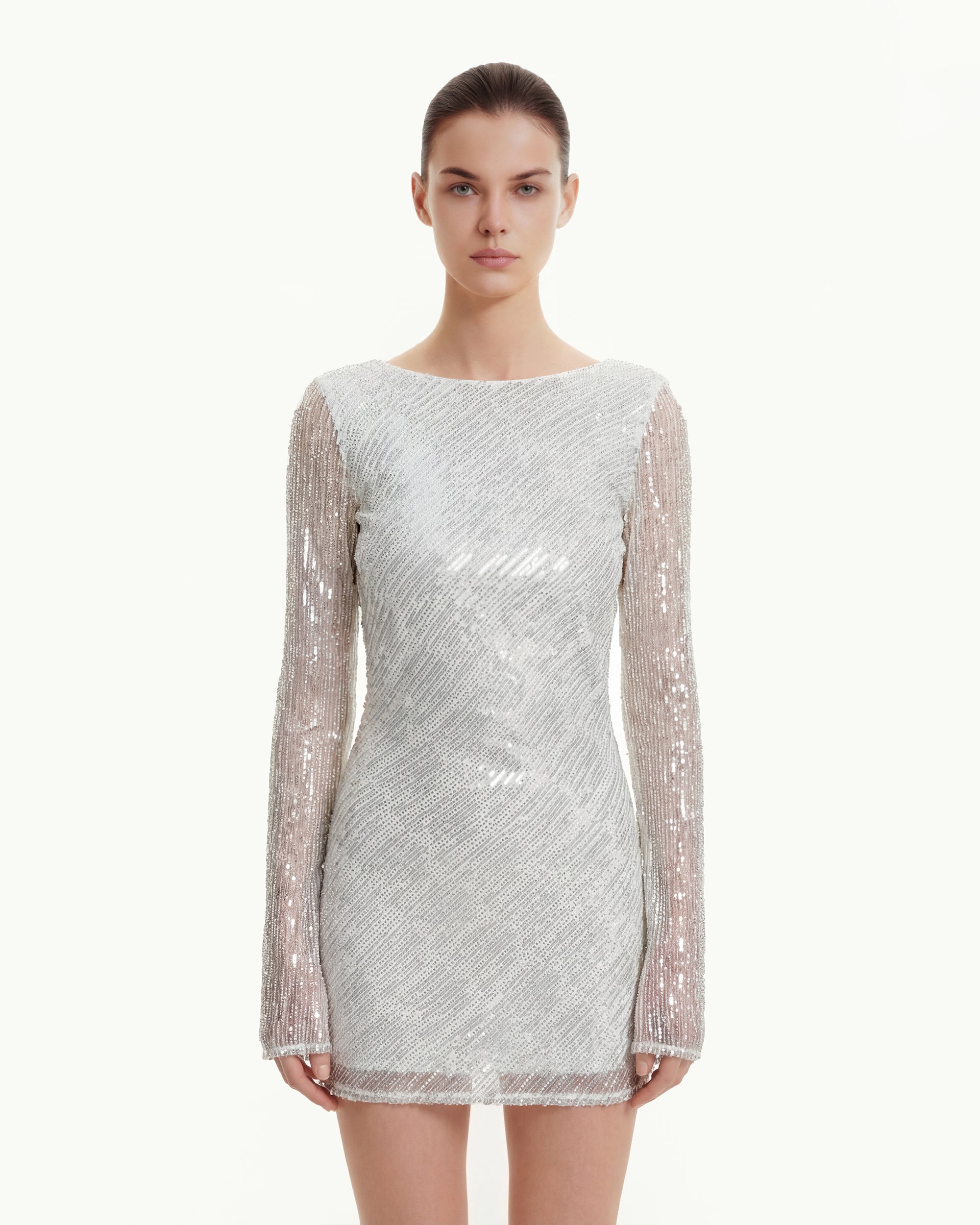 Diagonal Sequin Open-Back Long Sleeve Mini Dress - White | JW PEI Diagonal Sequin Open-Back Long Sleeve Mini Dress - White | JW PEI