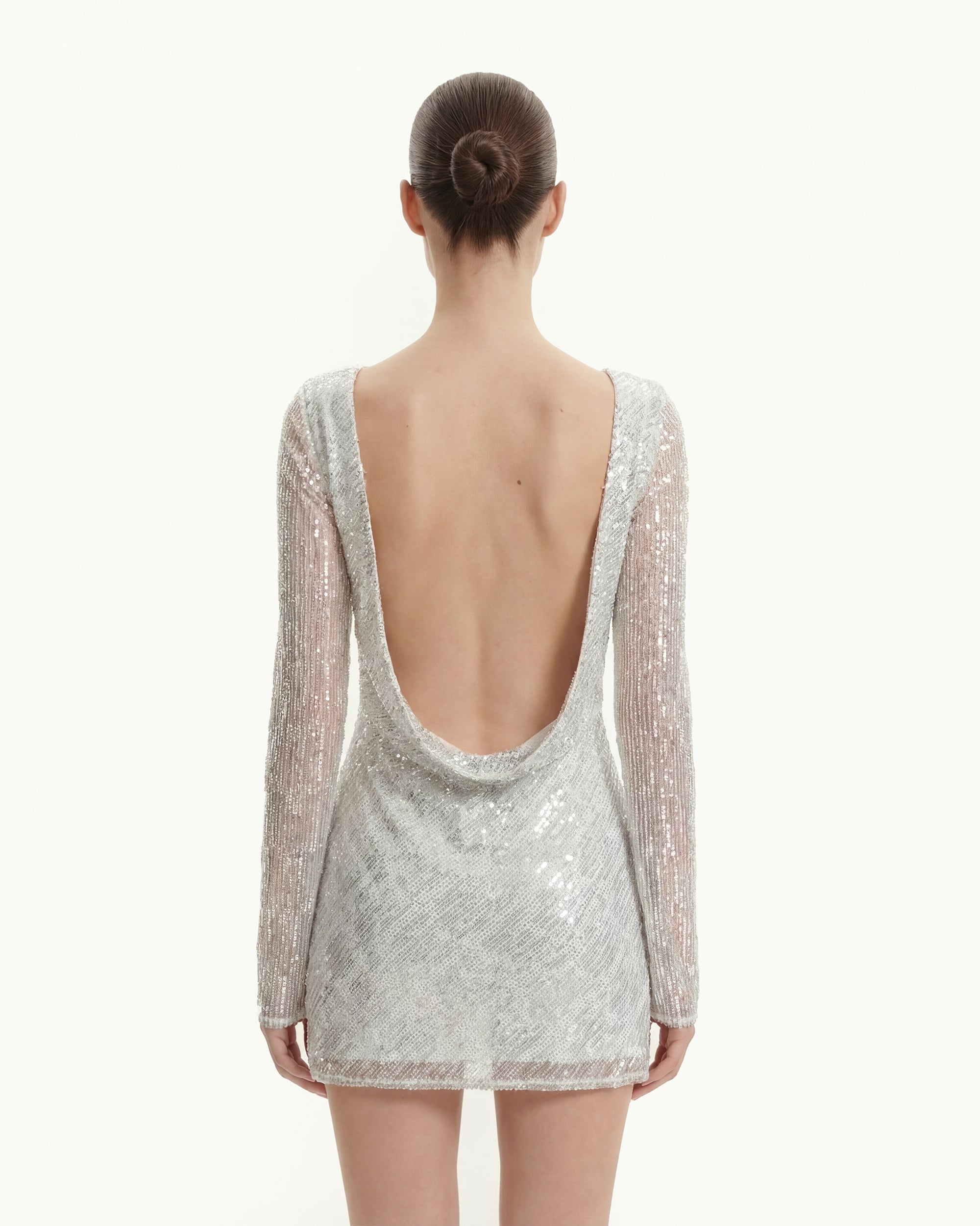Diagonal Sequin Open-Back Long Sleeve Mini Dress - White | JW PEI Diagonal Sequin Open-Back Long Sleeve Mini Dress - White | JW PEI