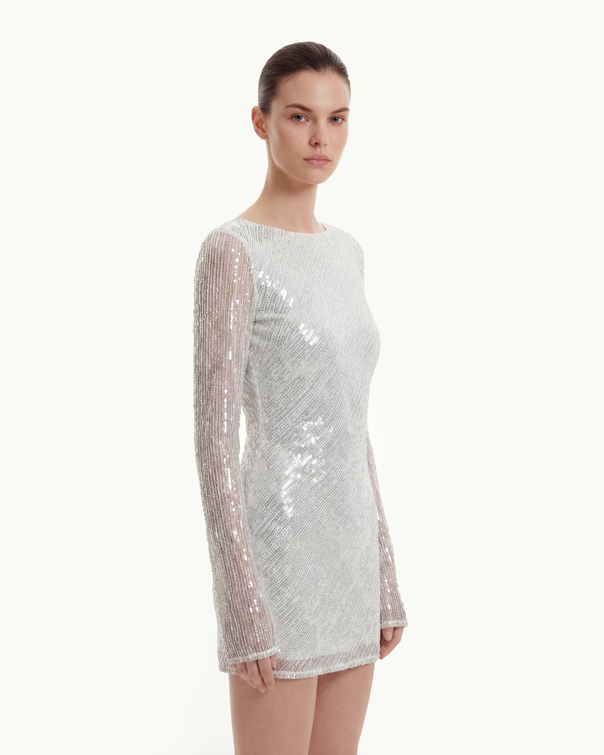Diagonal Sequin Open-Back Long Sleeve Mini Dress - White | JW PEI Diagonal Sequin Open-Back Long Sleeve Mini Dress - White | JW PEI