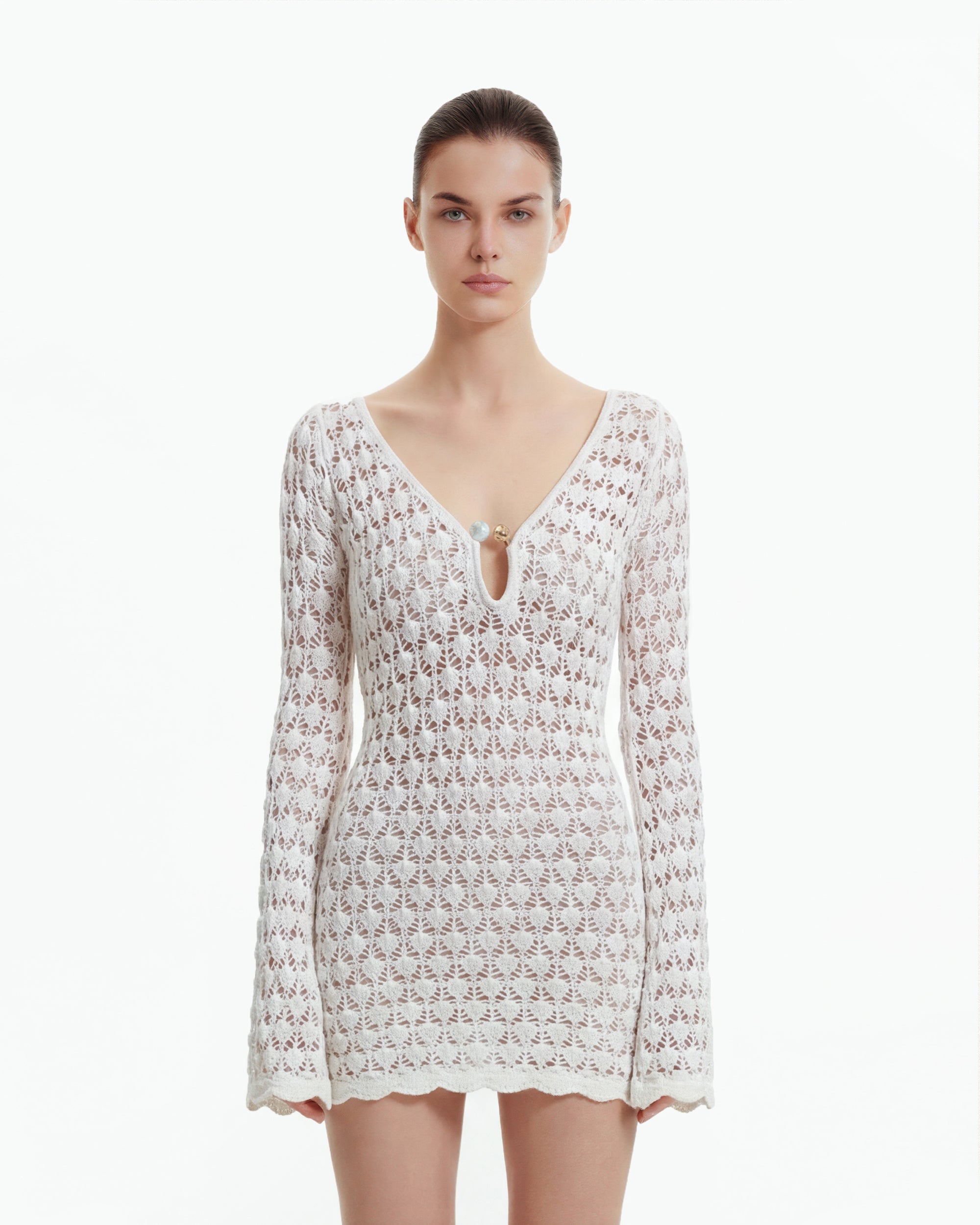 Pointelle Knit Keyhole Mini Dress - White