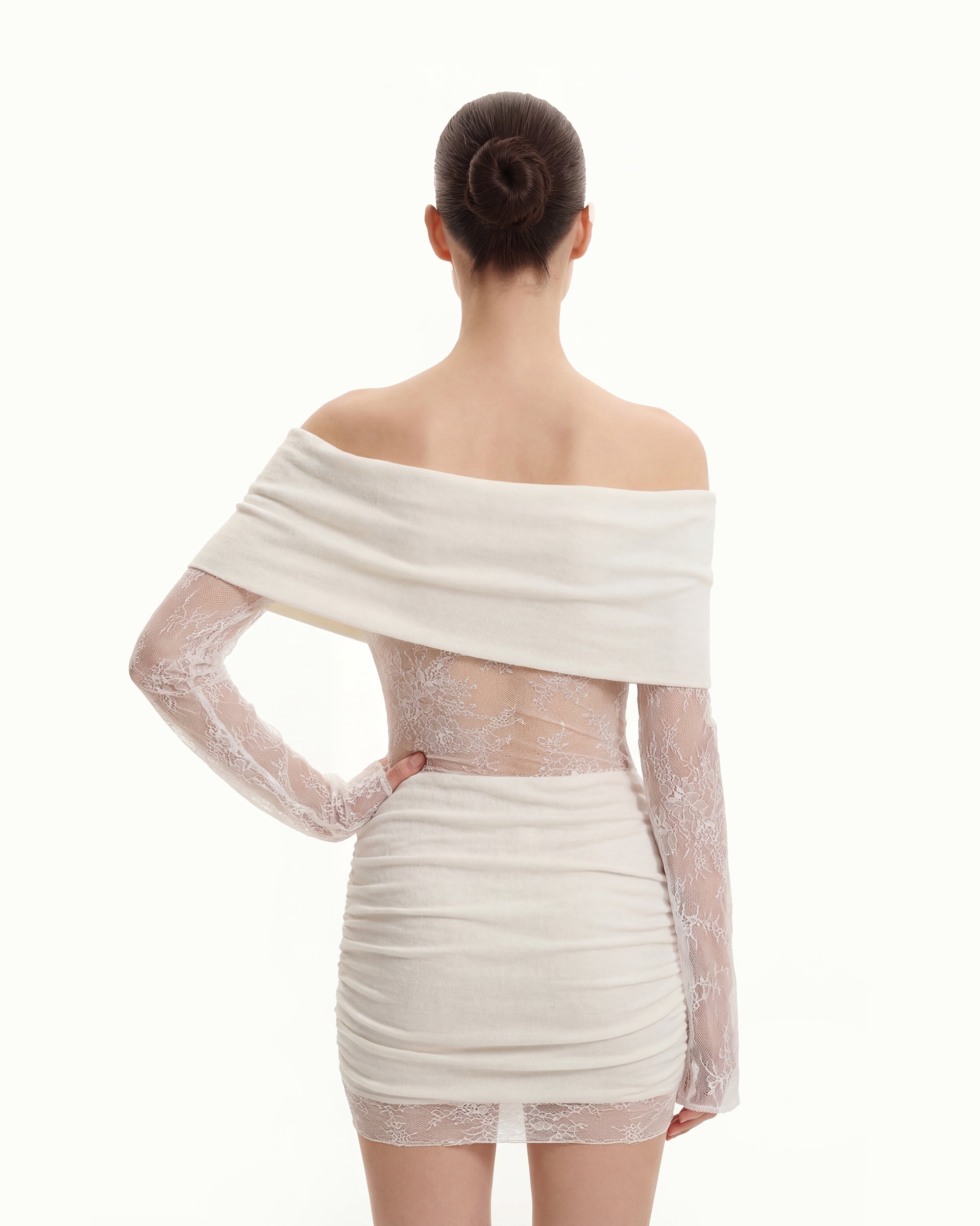 Off-Shoulder Ruched Mini Dress with Lace Sleeves - White