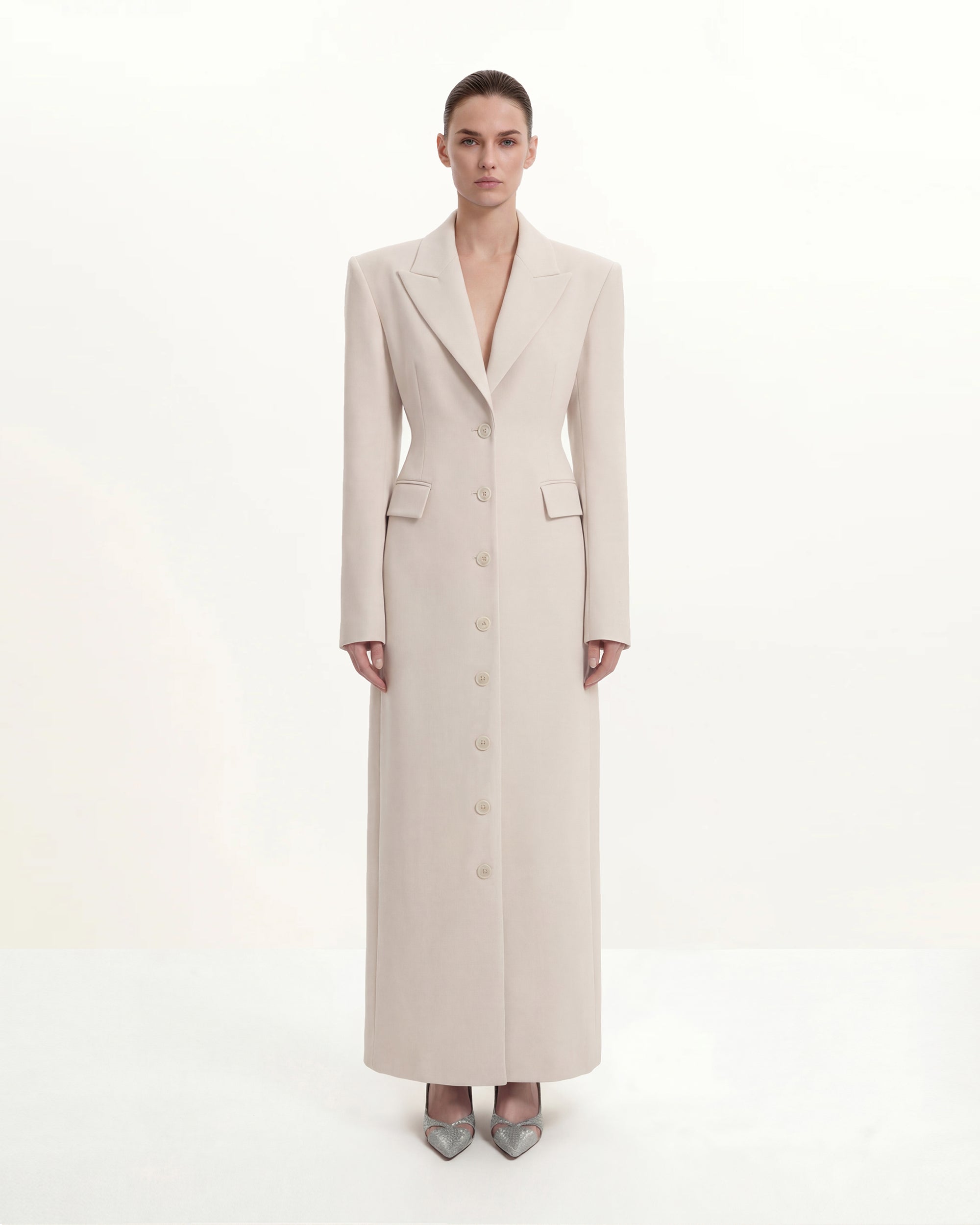 Structured Shoulder Fitted Lapel Maxi Coat - Beige