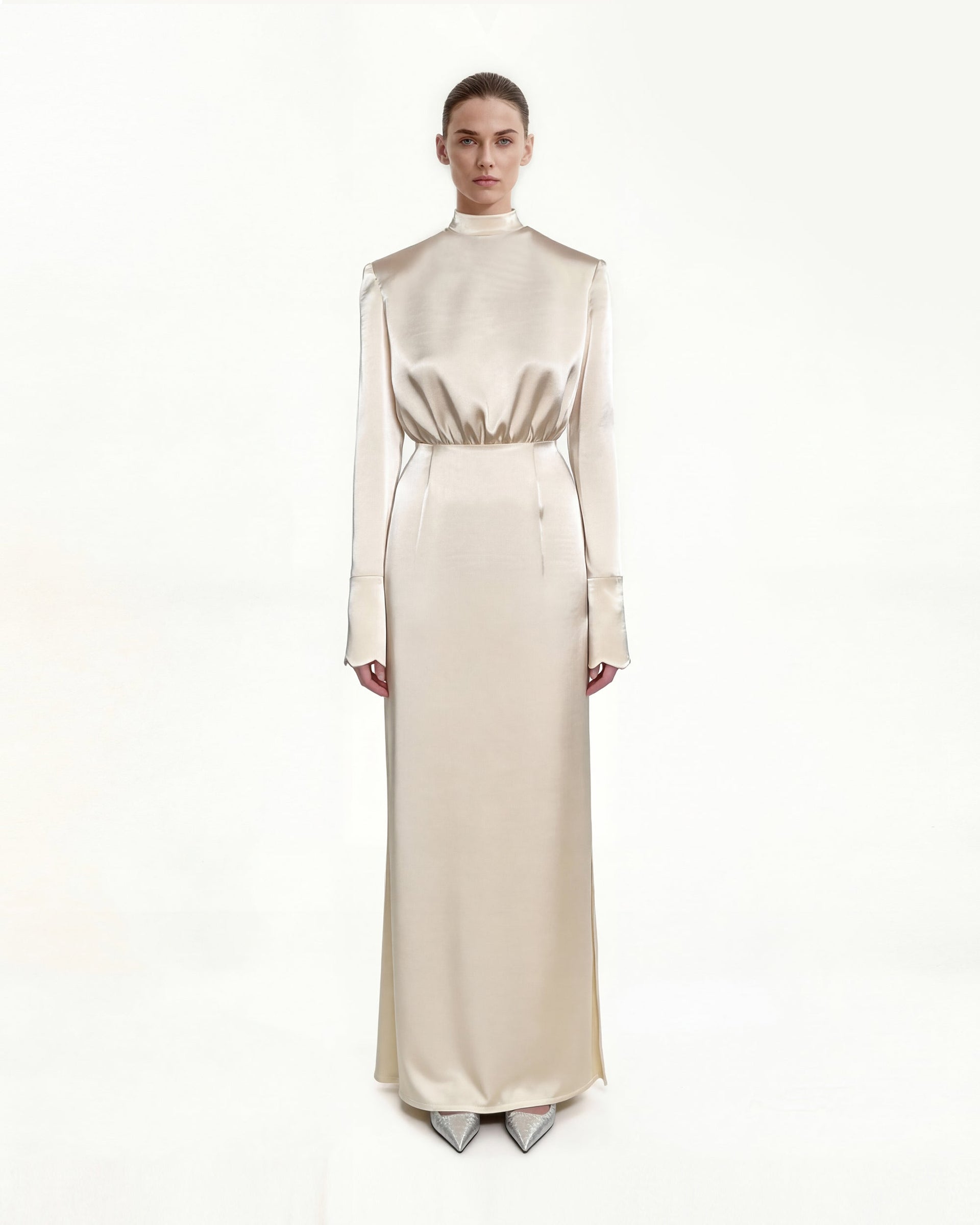 Structured Shoulder Design Satin High-Neck Fitted Maxi Dress - Cream 10