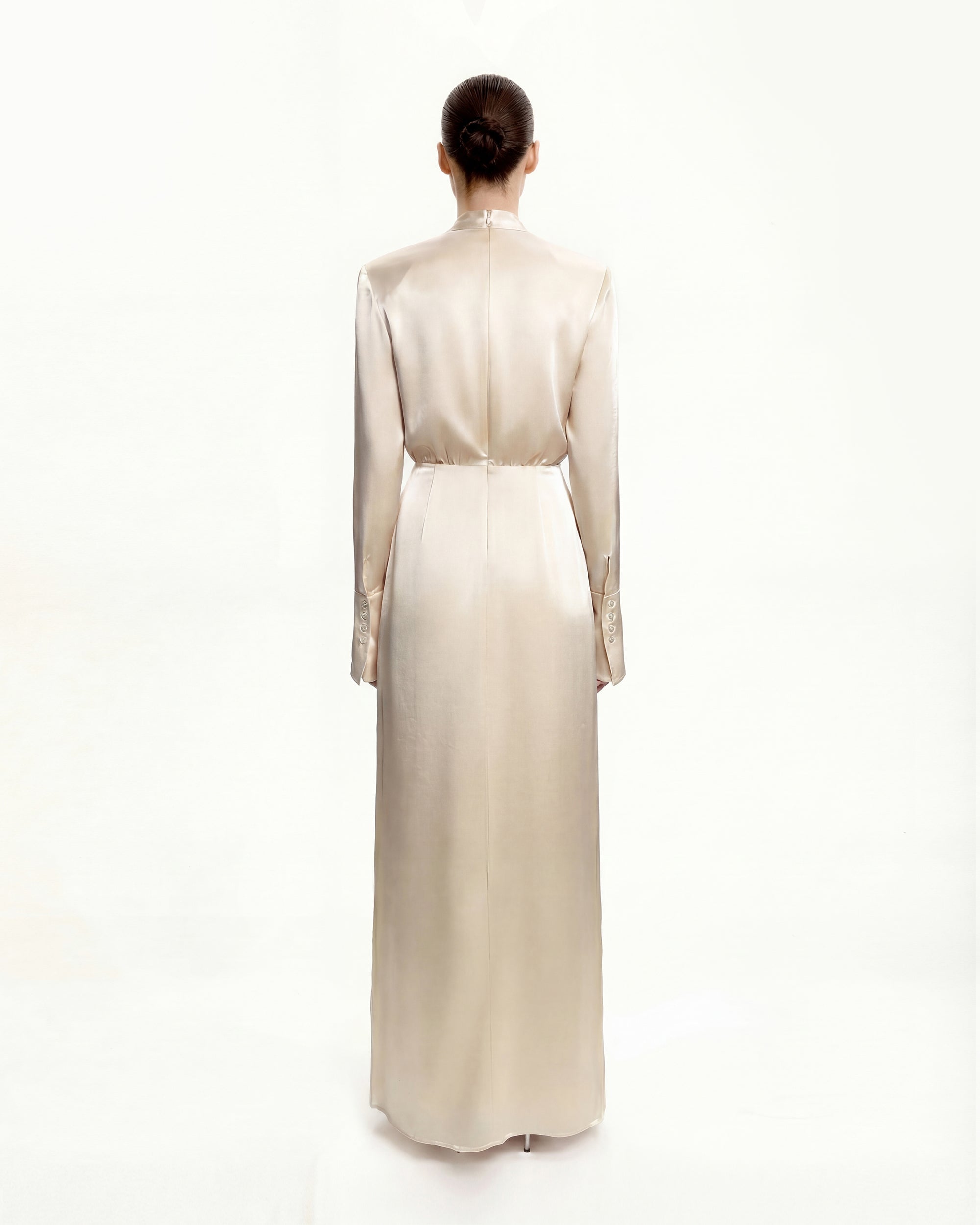 Structured shoulder Design satin high-neck fitted midi dress - Cream 10 | US Structured shoulder Design satin high-neck fitted midi dress - Cream 10 | US