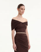 Ruched Twist Off-Shoulder Top - Brown