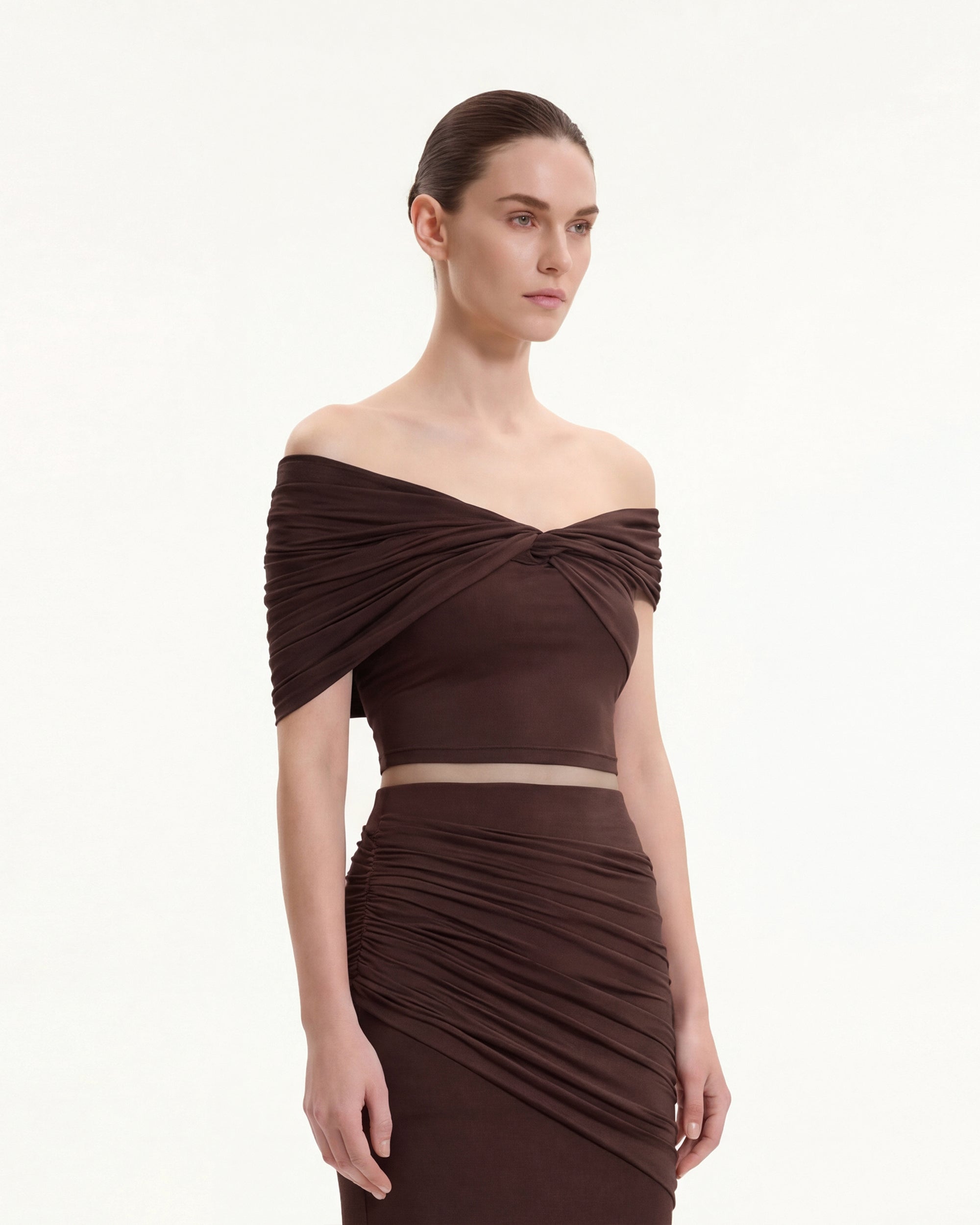 Ruched Twist Off-Shoulder Top - Brown