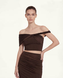 Ruched Twist Off-Shoulder Top - Brown