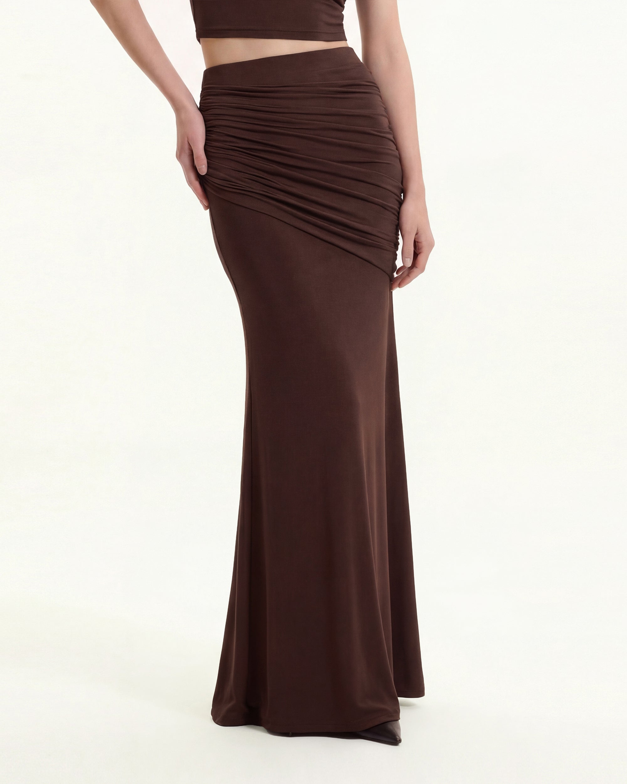 Ruched Column Maxi Skirt - Brown