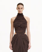 Ruched Twist-Front Halter Bodysuit - Brown