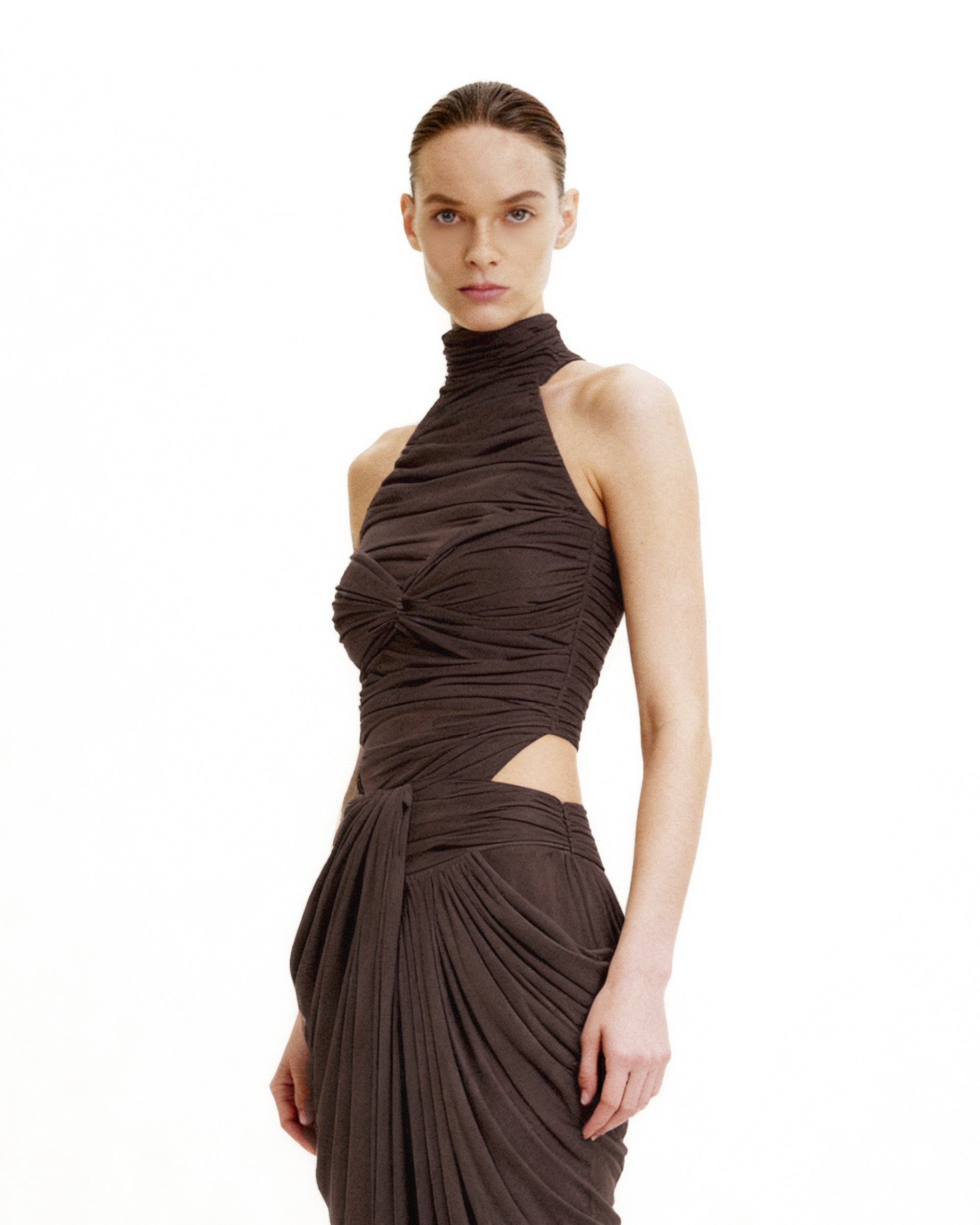 Ruched Twist-Front Halter Bodysuit - Brown