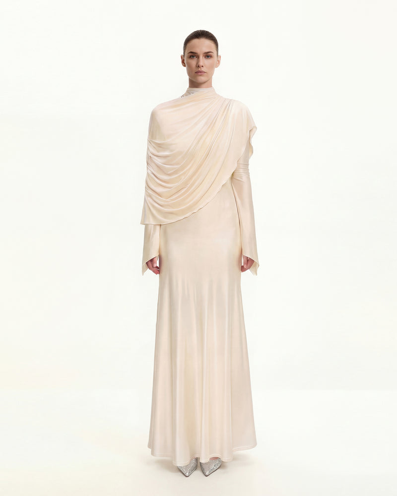 Sheer Shawl Ruched Bodycon Maxi Gown - Cream