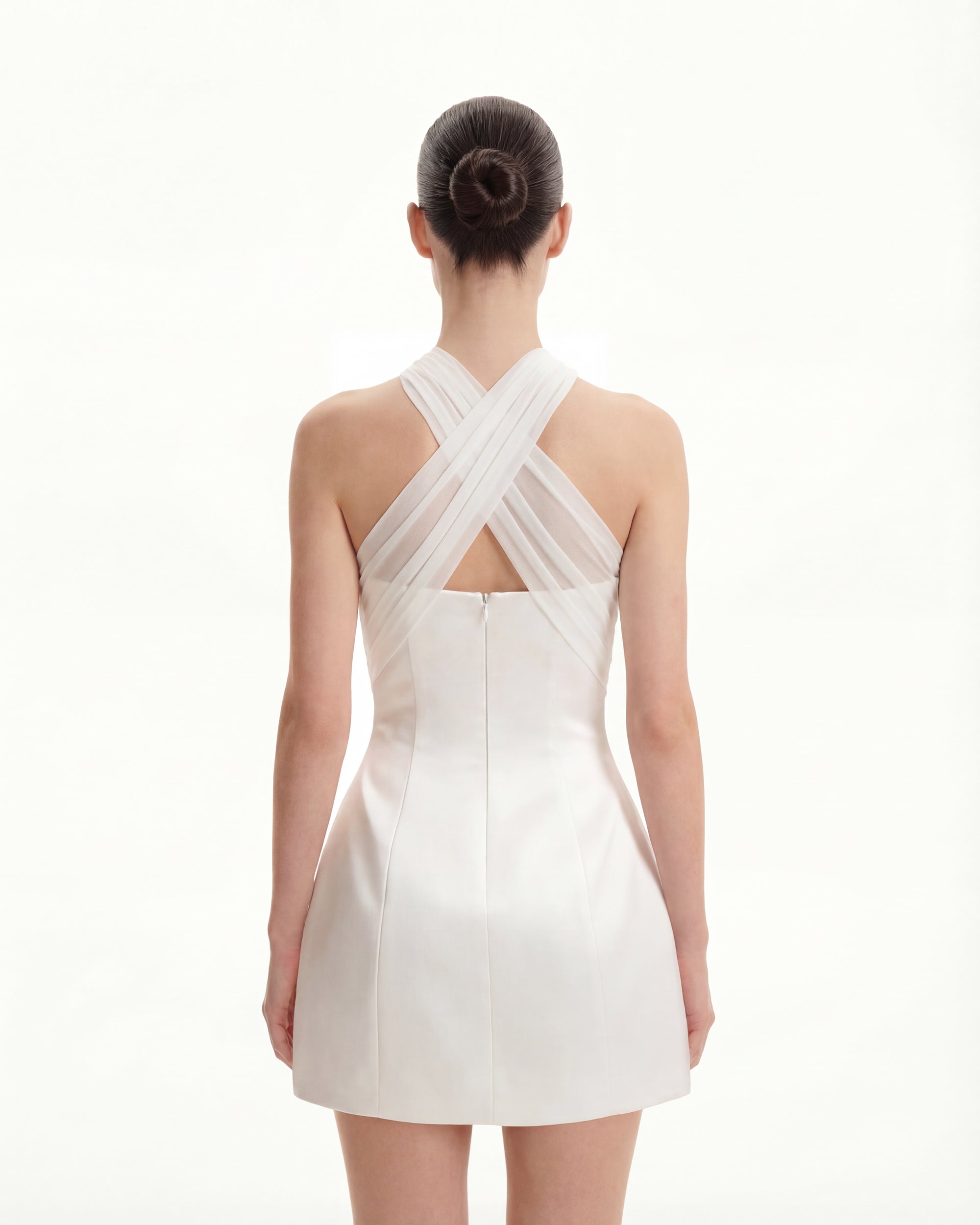 Satin Mini Dress with Tulle Cross-Halter - White