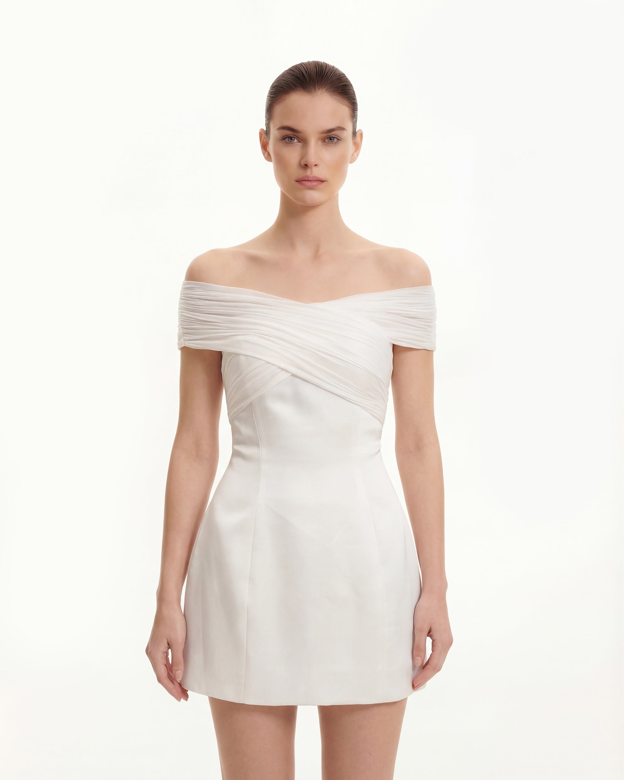 Satin Mini Dress with Tulle Cross-Halter - White