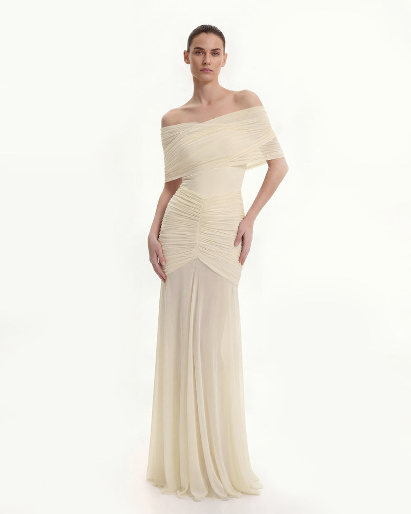 Ruched Off-Shoulder Sheer-Skirt Gown - Cream
