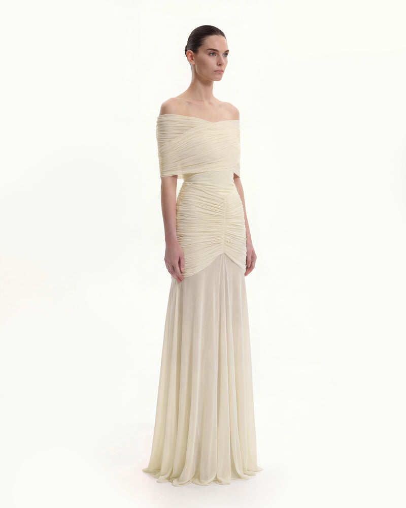 Ruched Off-Shoulder Sheer-Skirt Gown - Cream