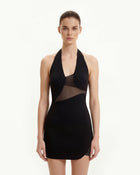 Asymmetric Mesh-Panel Halter Mini Dress - Black