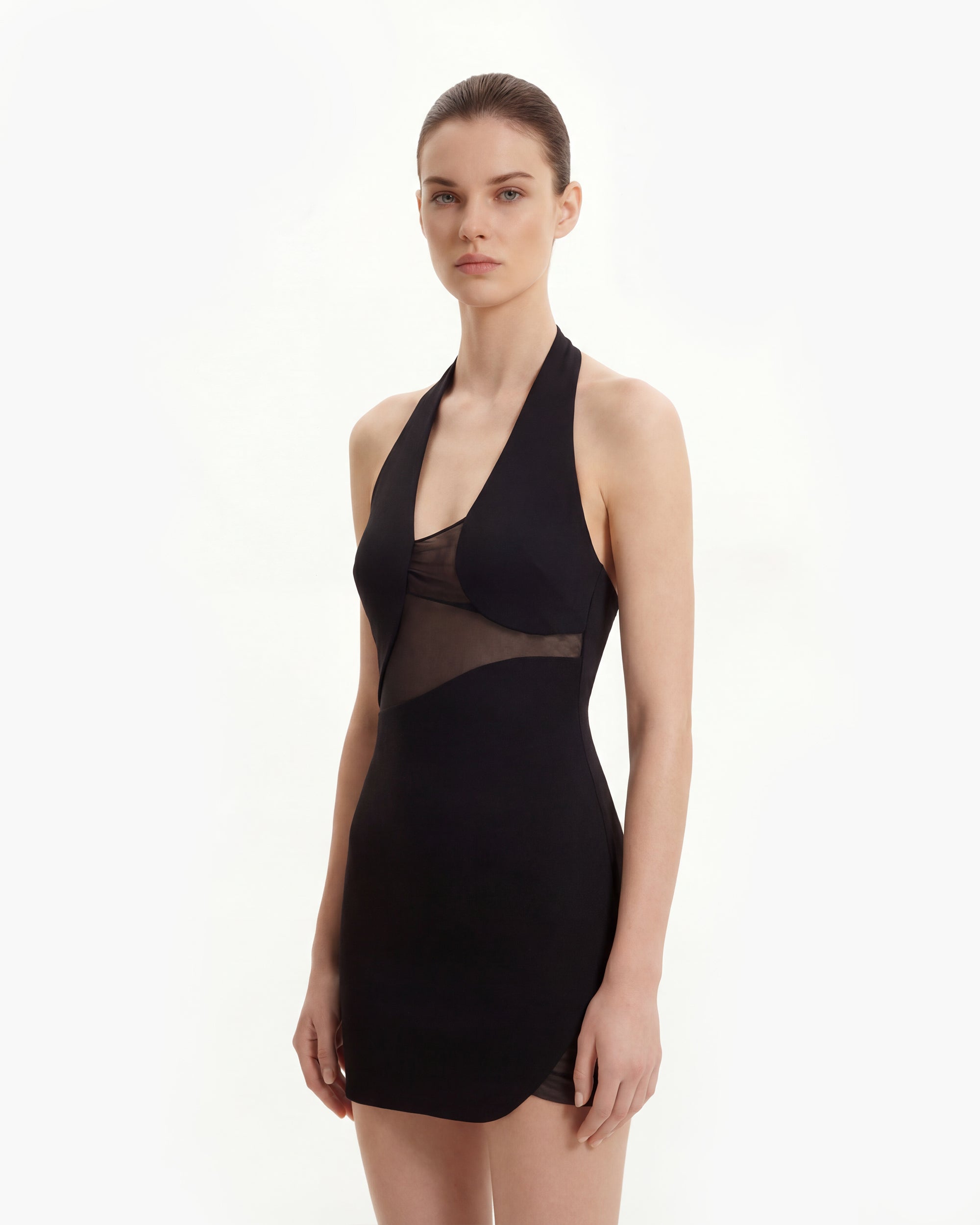 Asymmetric Mesh-Panel Halter Mini Dress - Black