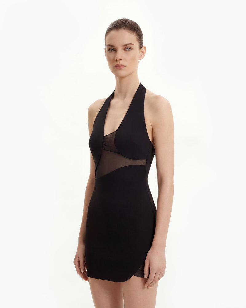 Asymmetric Mesh-Panel Halter Mini Dress - Black
