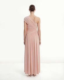 Ruched One-Shoulder Maxi Dress with Trailing Sash - Pink