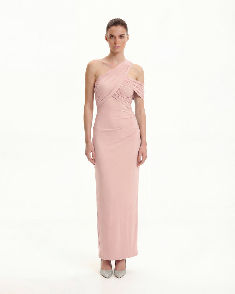 Asymmetric Ruched One-Shoulder Maxi Gown - Pink