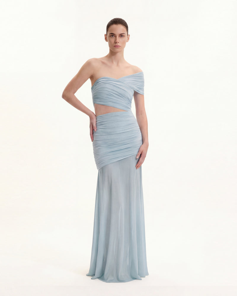 Ruched Mesh-Panel Off-Shoulder Maxi Dress - Blue