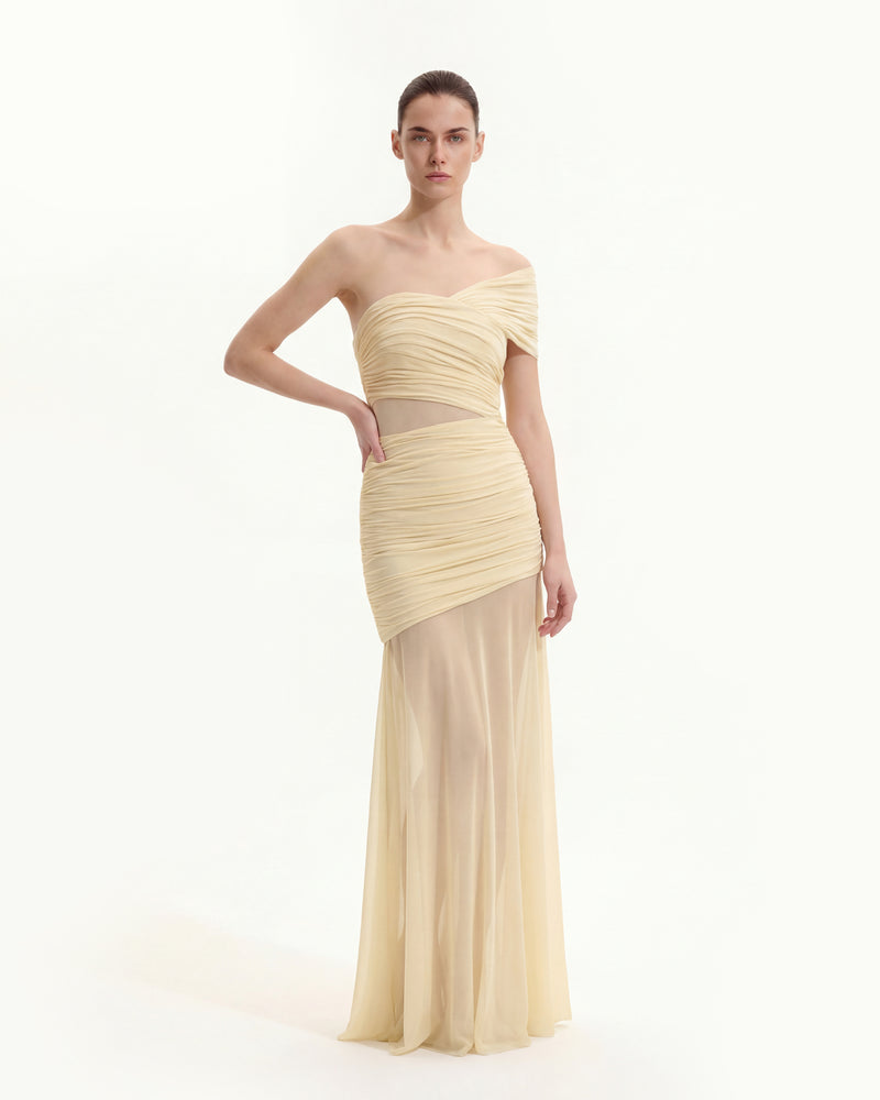 Ruched Mesh-Panel Off-Shoulder Maxi Dress - Yellow