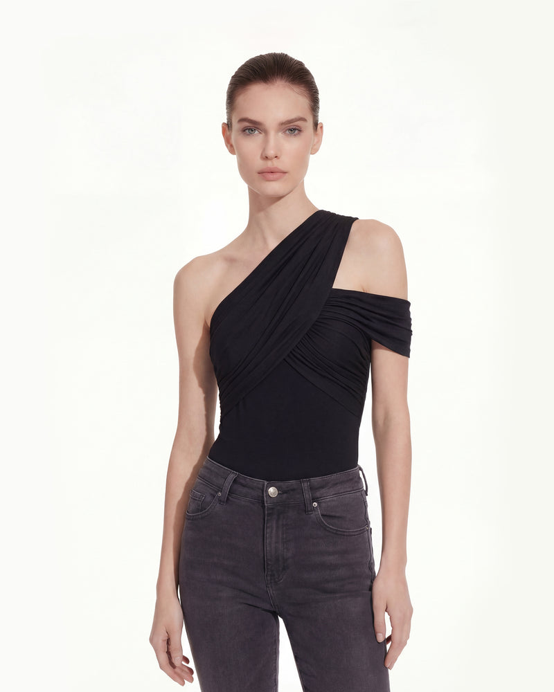 Ruched Asymmetric One-Shoulder Top - Black