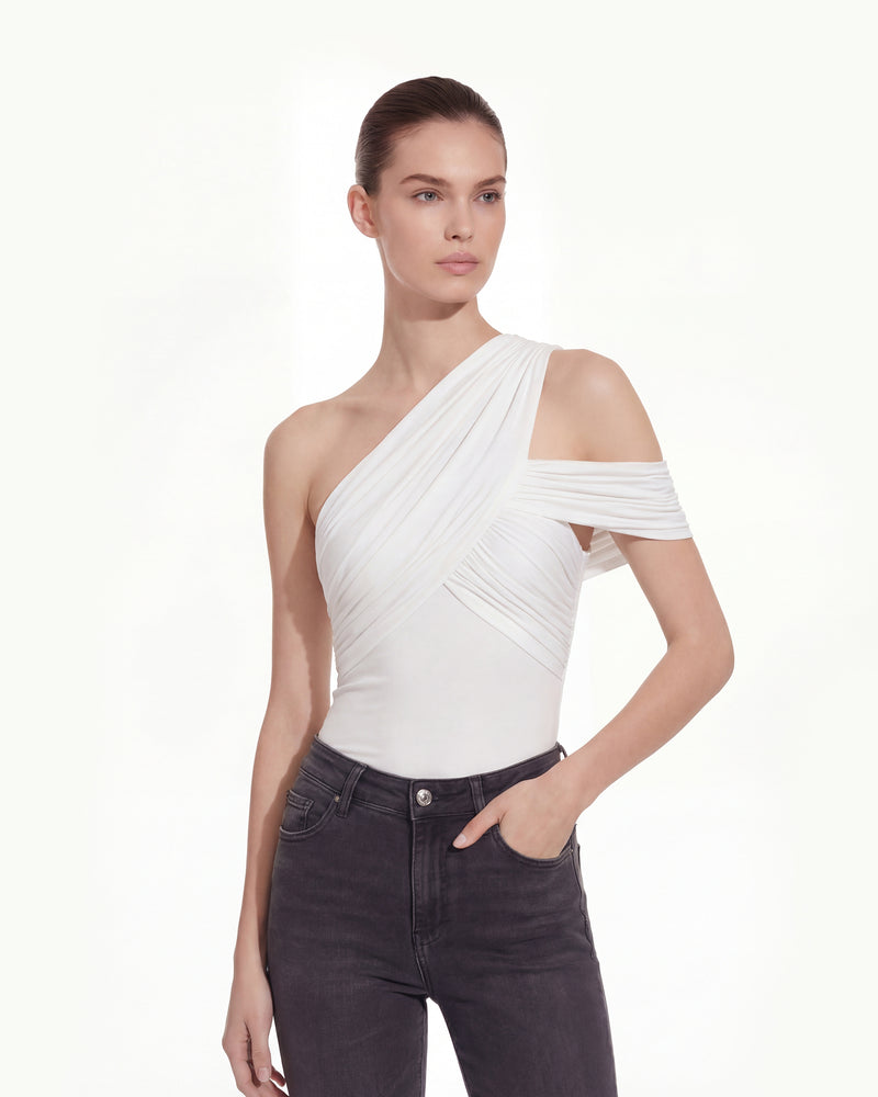 Ruched Asymmetric One-Shoulder Top - White