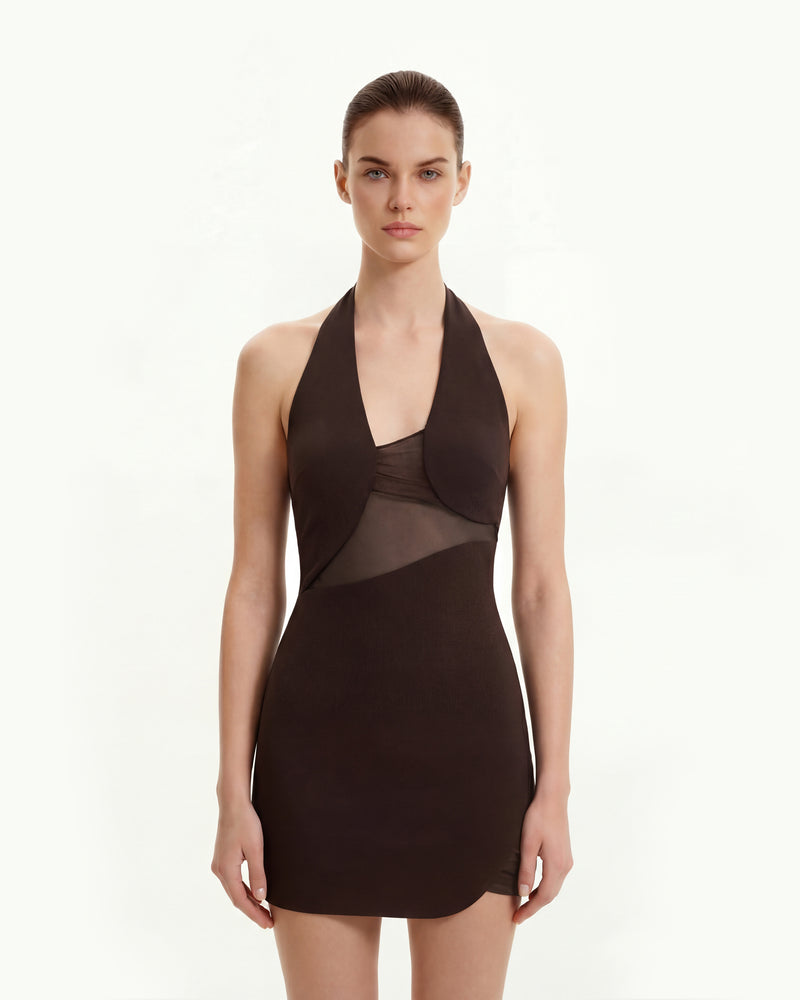 Asymmetric Mesh-Panel Halter Mini Dress - Brown