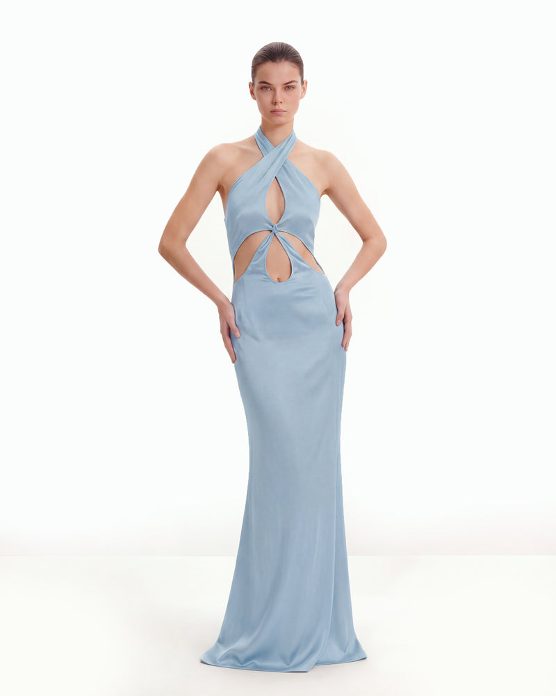 Satin Cutout Halter Maxi Dress - Blue